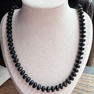21.5" Beaded Gemstone Necklace, Hawk's Eye & Garnet, Blue, Silver Clasp